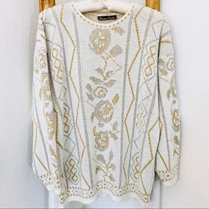 DANNA SCOTT VINTAGE WHITE METALLIC FLORAL SWEATER
